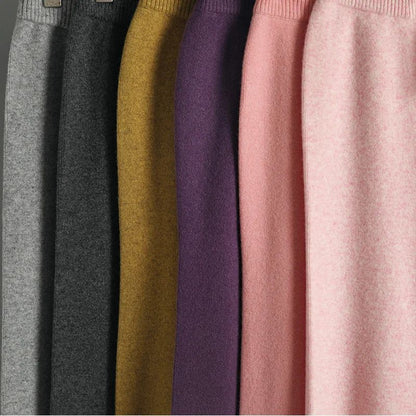Spring Autumn Women High Waist Wool Wide Leg Pants Solid Soft Warm 100% Merino Wool Knitted Trousers Belt Casual Korean Fashion