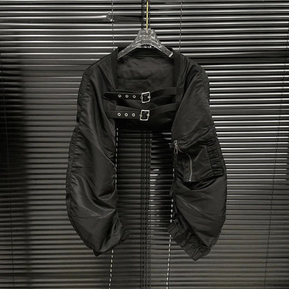 2024 Autumn New Niche Design Black Shoulder Vest Women's Leather Flight Plane Style Cropped Jacket Crew Neck Pattern