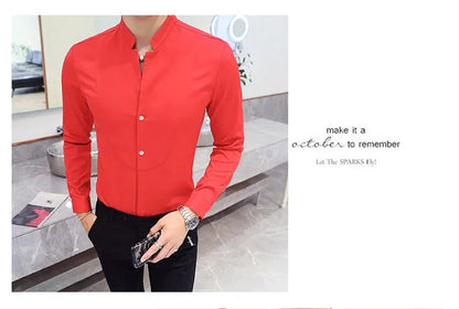 Black Men Long Sleeve Shirt, White Single Breasted Collar Stretch Shirts, Red Fashion Slim Top,Asian Size M-5XL(Korean Slim Fit)