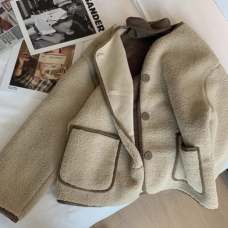 Korean Style Short Lamb Fur Jacket Women's Crew Neck Lazy Style Outerwear Autumn Winter New Arrival Soft Cozy round Neck Top