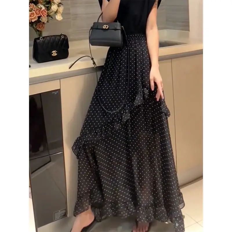 Plus Size Black Polka Dot Print Asymmetrical Hem Loose Women's Skirt Summer New Fashion Design Sense Midi Skirt Large Size Ha...
