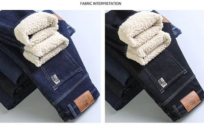 Calça Jeans Masculina de Lã Aveludada, Inverno, Forrada com Lã Grossa, Casual de Negócios, Reta, Jeans, Macia, Confortável, Térmica, Elástica, Calças Masculinas