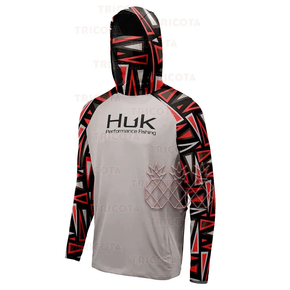 Camisas HUK Fishing Hoodies com Capuz Máscara Protetora para Pesca Roupas de Pesca Masculinas Manga Longa Respirável Proteção UV UPF50+ Camisetas de Pesca