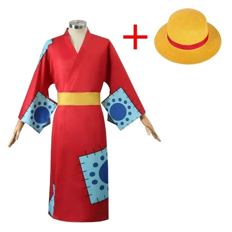 Anime Luffy Cosplay Costume, Wano Country Monkey Cosplay Kimono pour hommes adultes chapeau cardigan rouge, olympiques Halloween