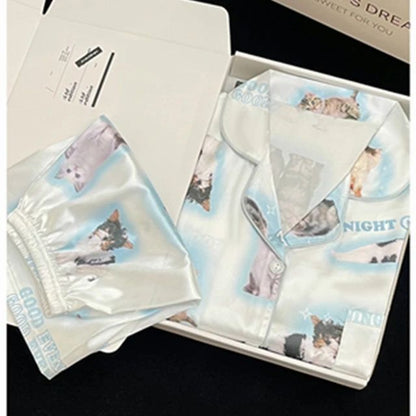 Pyjama Summer New Ladies Sweet Satin Silk Floral Printed Pajamas Set Short Sleeve+Pants Women Ice Silk Cute Homewear Casual Wear