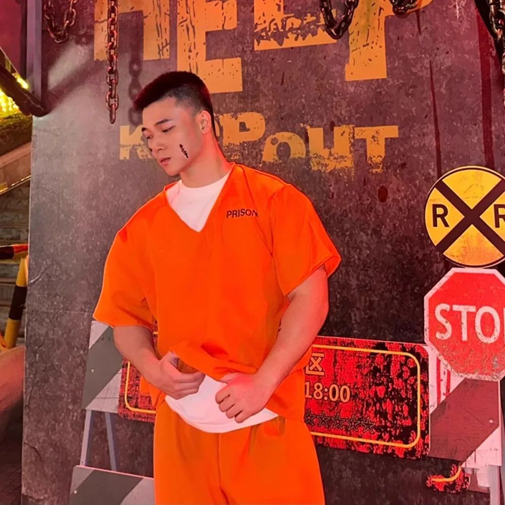 Adult Inmate Costume Orange Prisoner Jumpsuit Jailbird Outfit for Halloween Orange Prisoner Costume Men Jail Jumpsuit Costume