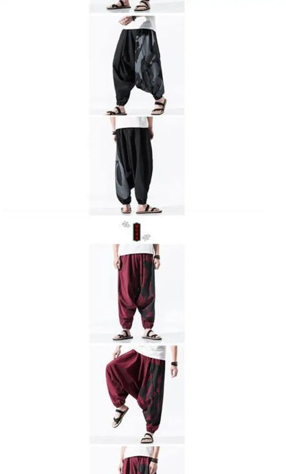 Hip Hop Style Loose Fit Low Waist Cotton Linen Special Cropped Pants Japanese Style Baggy Pants For Men