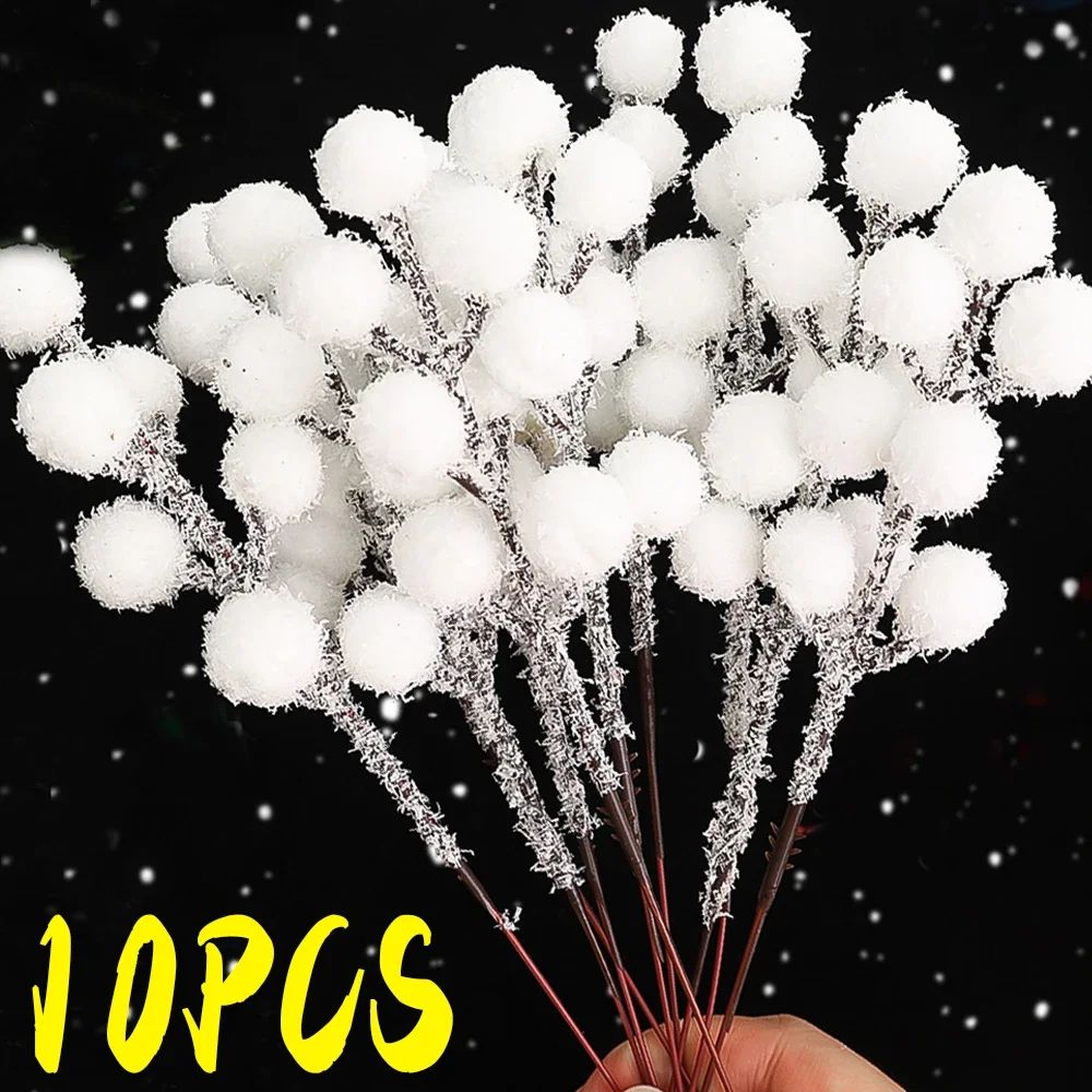 5/50pcs Christmas Snow Tipped Berry Branches Artificial White Berries Fake Flower DIY Wreath Xmas Tree Wedding Party Decoration