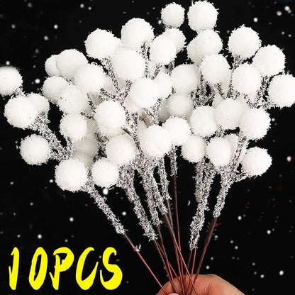 5/50pcs Christmas Snow Tipped Berry Branches Artificial White Berries Fake Flower DIY Wreath Xmas Tree Wedding Party Decoration