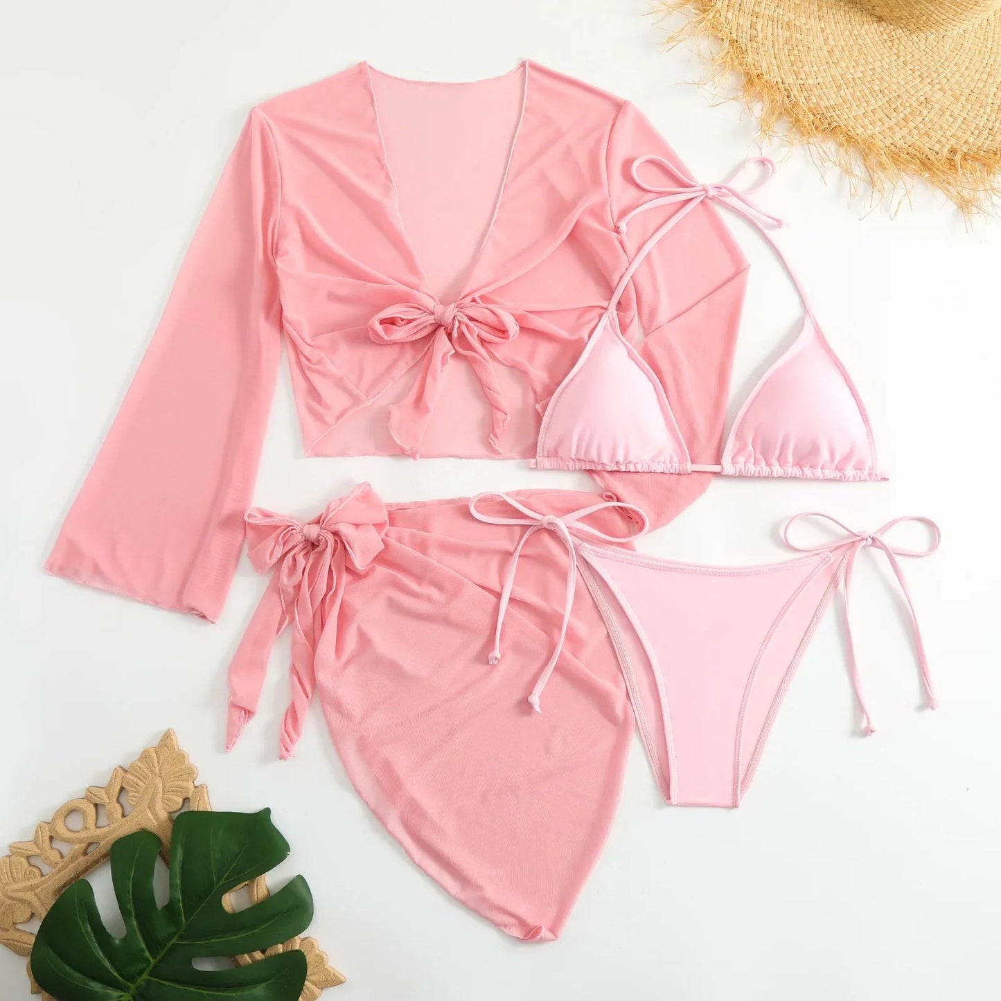 Women Pink Micro Mini String Bikini Sets 4 Pieces with Mesh Cover Tops and Skirt Swimsuit Bathing Suit Beach Outfits Biquini