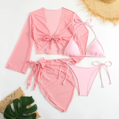Women Pink Micro Mini String Bikini Sets 4 Pieces with Mesh Cover Tops and Skirt Swimsuit Bathing Suit Beach Outfits Biquini
