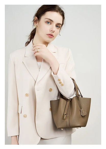 Genuine Leather Shoulder Bucket Bag Women Litchi Pattern Mini Basket Tote Soft Handbag Mommy Bride Wedding Bags with Lock