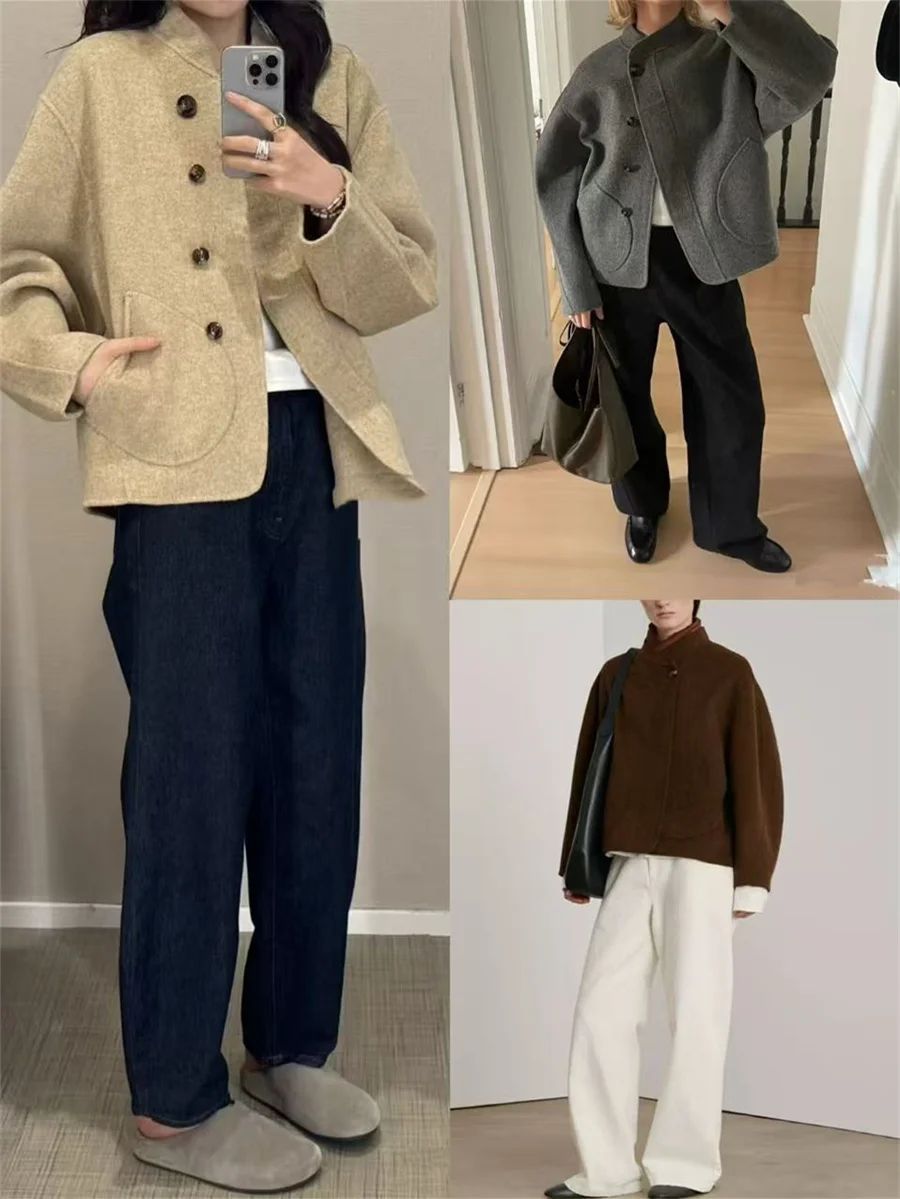 2025 Autumn Winter Fashion Women 3 Colors Single Breasted Stand Collar Coat Lady Double Sided Woolen Jacket