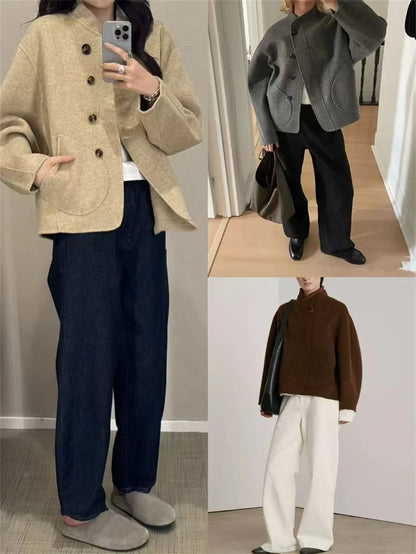 2025 Autumn Winter Fashion Women 3 Colors Single Breasted Stand Collar Coat Lady Double Sided Woolen Jacket