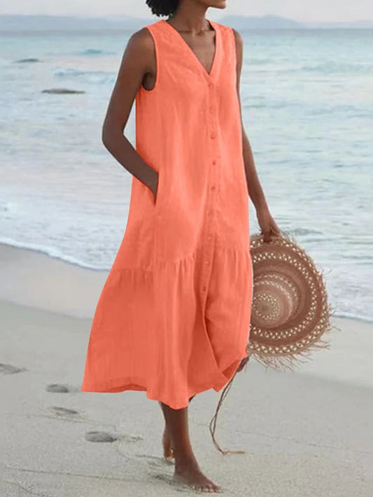 Summer Loose Casual Patchwork Cotton Linen Pocktes Dress V Neck Beach Style Dres