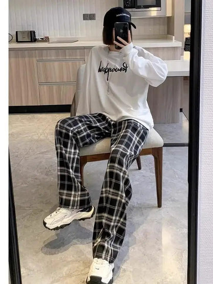 Lamb Velvet Fleece Lined Plaid Wide Leg Pants High Waist Straight Cut Winter New Casual Trousers for Women Korean Style