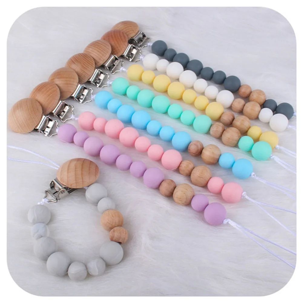 2023 New Baby Wood Beaded Pacifier Clip Silicone Chain Nipple Holder Infant Soother Teether