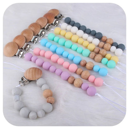 2023 New Baby Wood Beaded Pacifier Clip Silicone Chain Nipple Holder Infant Soother Teether