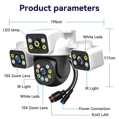 PEGATAH 6K 12MP Outdoor WiFi Camera Three Screen Three Lens 10X Zoom PTZ Automatic Tracking Audible Visual Alarm Security Cam