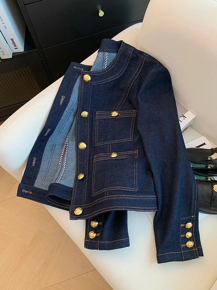 Blue Denim Top Women Autumn Classic Style Short Coat New Korean Fashion  Chic Pockets O-Neck Female Ropa De Mujer Loose Jackets