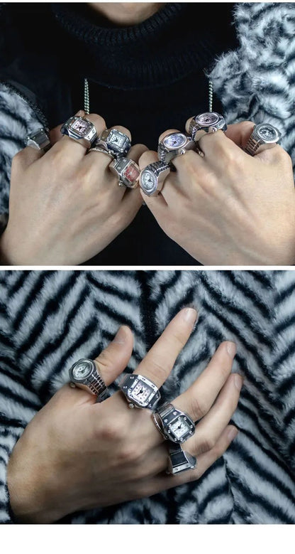 Vintage Punk Finger Watch Mini Elastic Strap Alloy Watches Couple Rings Jewelry Clock Retro Roman Quartz Watch Ring Women Men