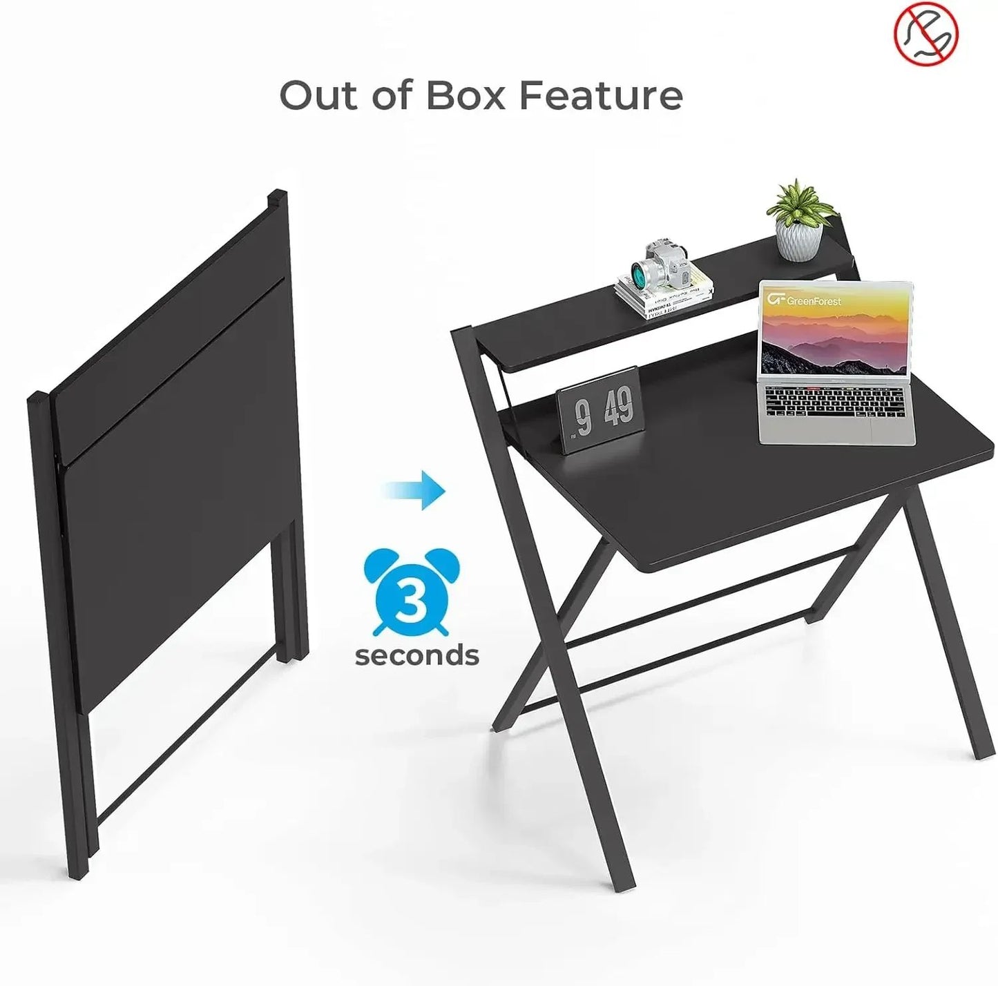 Folding Desk No Assembly Required Large Size, 2-Tier Foldable Computer Desk with Shelf for Home Office, Space Saving Portable