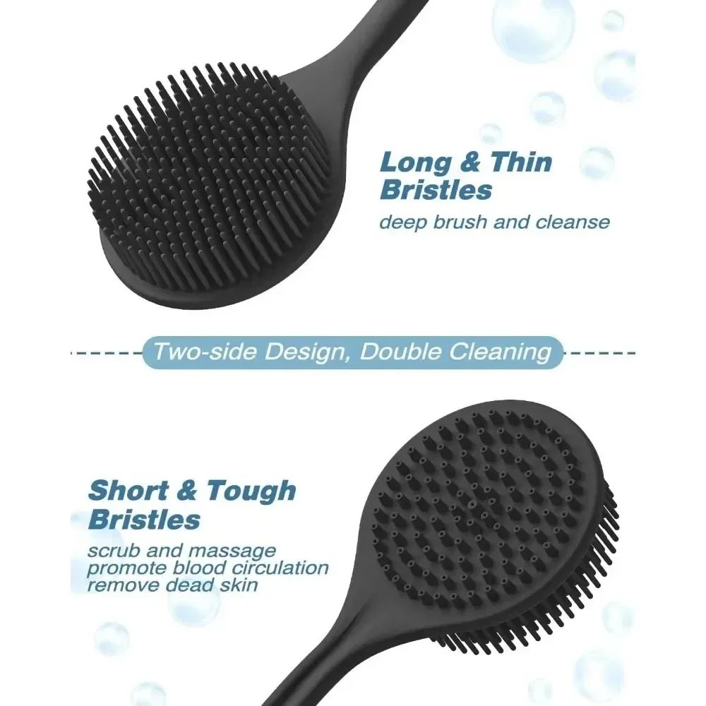 Double Sided Bath Brush Bath Puff Set Back Silicone Body Scrubber Silicone Long Handle Design for Body Exfoliation Deep Cleaning