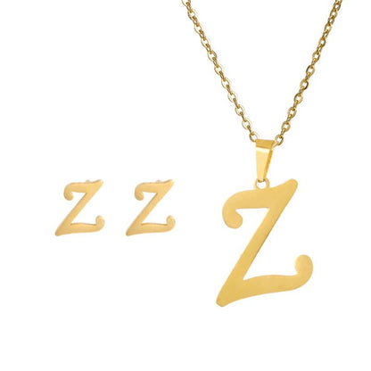 Conjunto Feminino de Colar e Brincos de Aço Inoxidável com Letra Inicial do Alfabeto A-Z - Joias Personalizadas de 26 Letras Inglesas - Presente