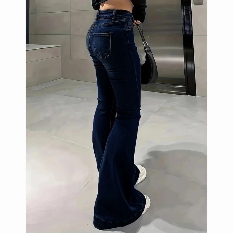 2025 Girls Concise Ins High Waist Flared Jeans Female Stretchy Bootcut Denim Pants Women Solid Color Thin Bell Bottoms Trousers