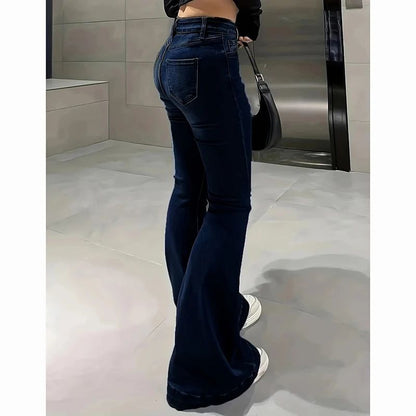 2025 Girls Concise Ins High Waist Flared Jeans Female Stretchy Bootcut Denim Pants Women Solid Color Thin Bell Bottoms Trousers