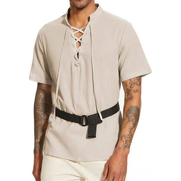 Men's Vintage V-neck T-shirt Drawstring Design Cotton Linen Solid Color Breathable Stylish Tops Gothic Style Cosplay Party Tees