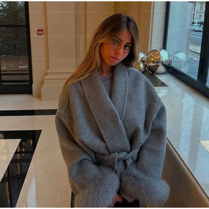 American Fashionable V-neck Lapel Furry Sleeves Lace-up Long-sleeved Woolen Coat Elegant Lace-up Long-sleeved Wool Coat