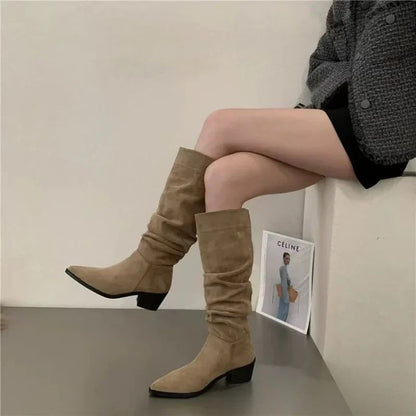 Women Knee High Boots Autumn Winter Female Shoes Fashion Female Slip-on Folds Low Heel Round Toe Flat Long Boots Botas De Mujer