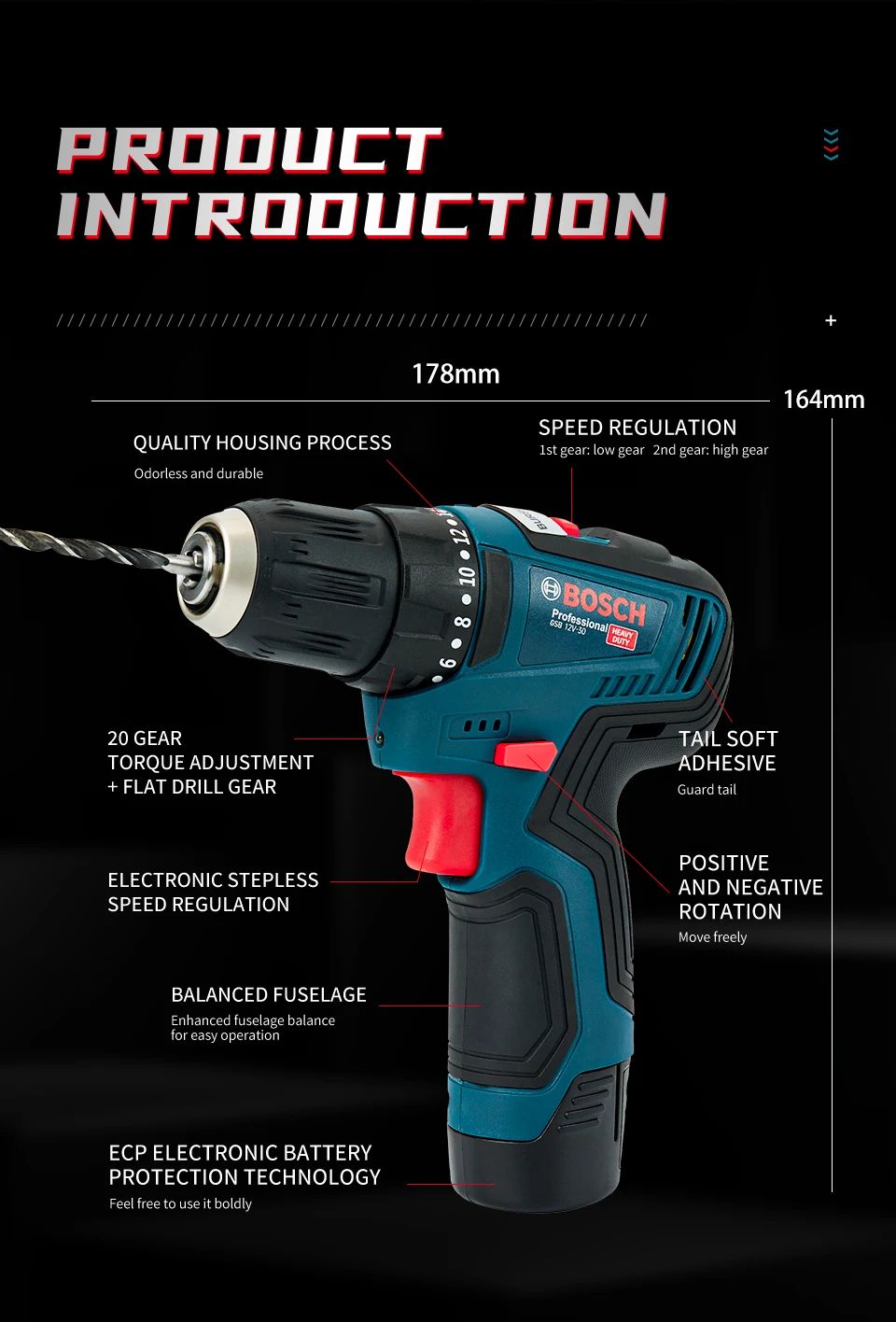 Bosch GSB-12-V30 Furadeira Elétrica a Bateria Parafusadeira Profissional de Impacto Pesado Sem Fio Multifuncional para Uso Doméstico