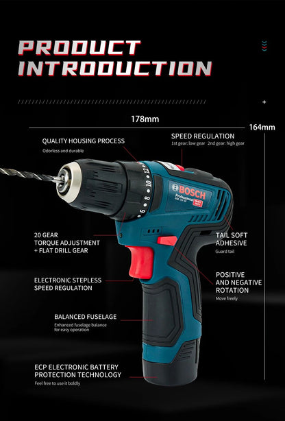 Bosch GSB-12-V30 Furadeira Elétrica a Bateria Parafusadeira Profissional de Impacto Pesado Sem Fio Multifuncional para Uso Doméstico