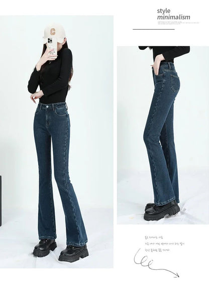 2024 Winter Fleece Women's Flare Pants Retro Slim High Waist Elastic Cotton Thick Warm Denim Pants Fashion Korean Female Clothes