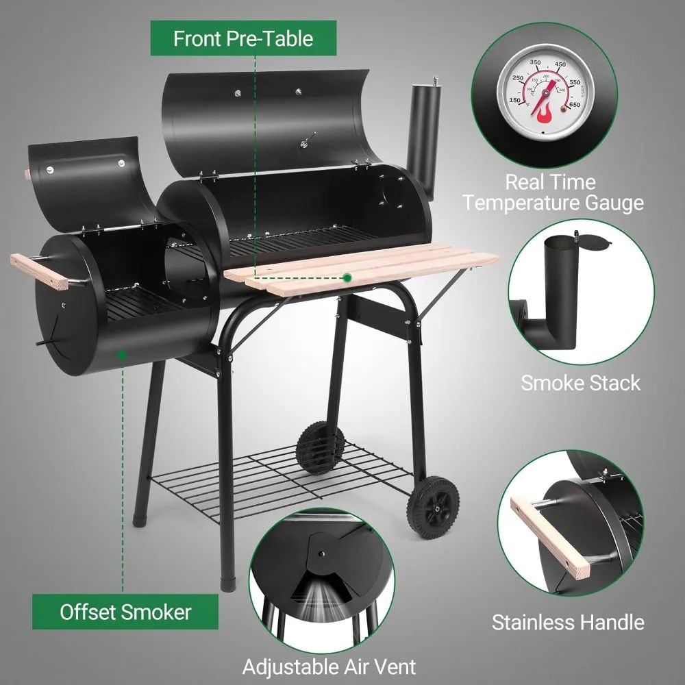 BBQ Charcoal Grill, Outdoor Patio Grill with Offset Smoker, Wheels and Tray for Balcony Picnics, Parties and Camping
