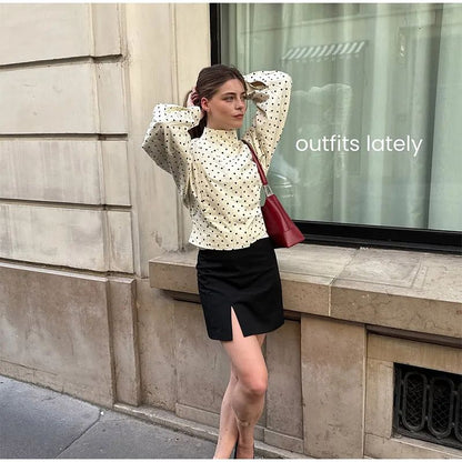 Polka Dot Stand Neck Short Jackets Women Fashion Long Sleeve Patchwork Contrast Slim Coats Casual Lady Street Commute Outerwear