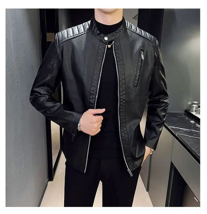 Spring and Autumn Men's Motorcycle Leather Jacket Casual Stand Collar Solid Color White Black Leather Jacket Zip Up PU Coat