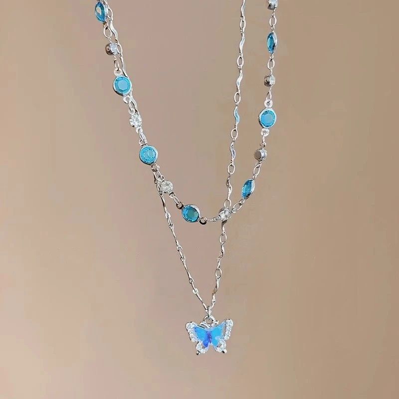 LATS Colar Feminino de Borboleta Cristal Azul Romântico Simples Brilhante Zircônia Camada Dupla Gargantilha Corrente Clavícula Nova Joia Fina