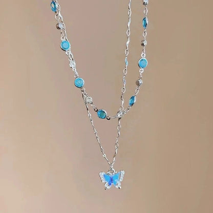 LATS Colar Feminino de Borboleta Cristal Azul Romântico Simples Brilhante Zircônia Camada Dupla Gargantilha Corrente Clavícula Nova Joia Fina