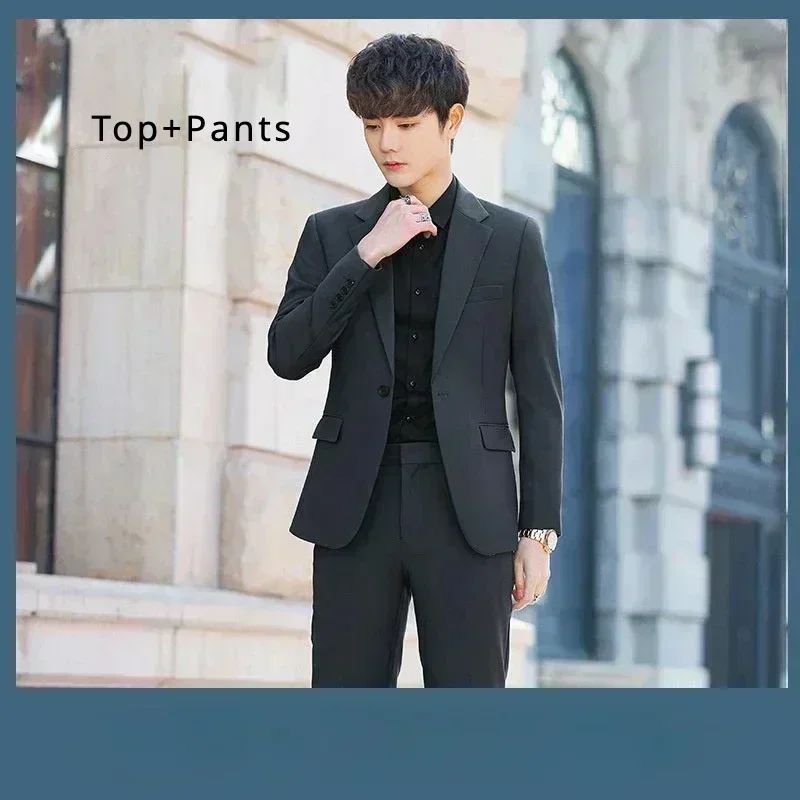 S-6XL Men's Business Casual Suit Korean Style Trendy Slim Fit 2 Piece Set Solid Color ?Blazer+ Pants )Groom Wedding Dress Party