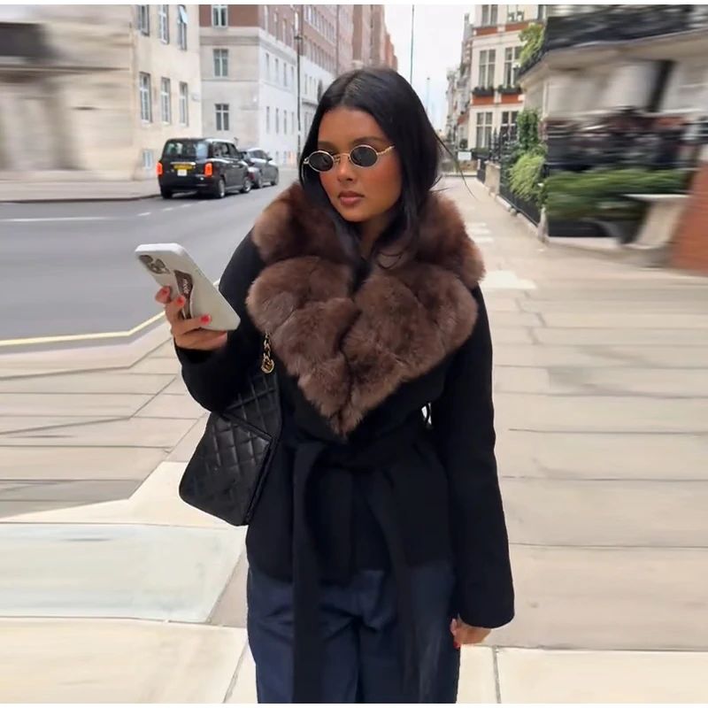 Elegant Fur Collar Woolen Coat Women Contrast Full Sleeve Turn-down Collar Loose Lace Up Coats Female 2025 Autumn Lady Outwears