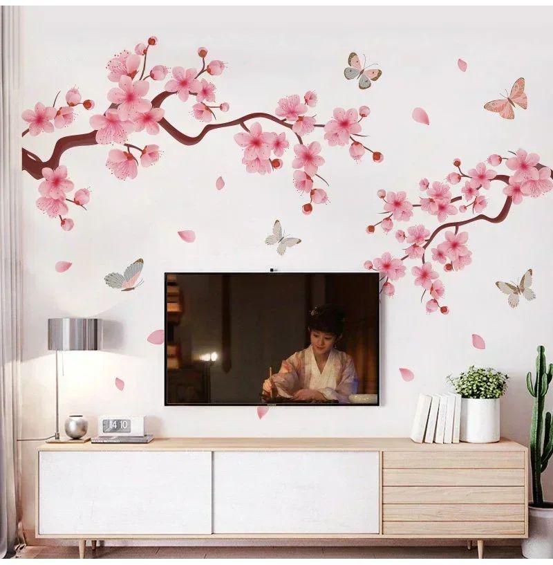 Ink Wall Stickers Wash Peach Blossom For Living Room Bedroom Home Flower Background Wall Decor Self-adhesive Sticker Wallpaper
