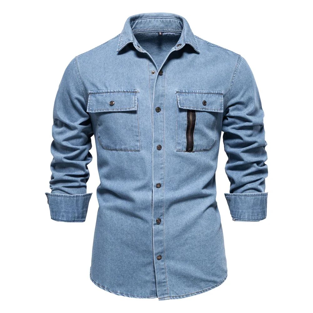 New Autumn 100% Cotton Men's Denim Shirts Solid Color Long Sleeve Cowboy Jean T-Shirt Coat Fashion Casual Fit Shirts for Men