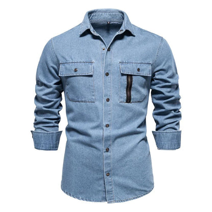 New Autumn 100% Cotton Men's Denim Shirts Solid Color Long Sleeve Cowboy Jean T-Shirt Coat Fashion Casual Fit Shirts for Men