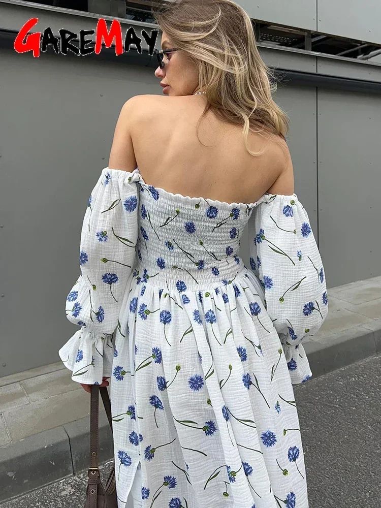Women's Summer Cotton Dress 100% Elegant Ruffle Midi Floral Print Dress with Sid