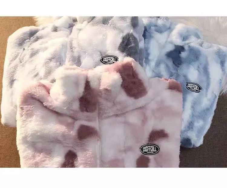 2025 Women's Tie Dye Lamb Fleece Jacket Autumn Winter Zipper Outerwear Warm Plush Harajuku Casual Loose Female Thick Coat