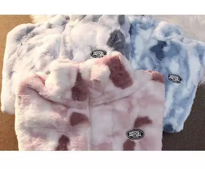 2025 Women's Tie Dye Lamb Fleece Jacket Autumn Winter Zipper Outerwear Warm Plush Harajuku Casual Loose Female Thick Coat