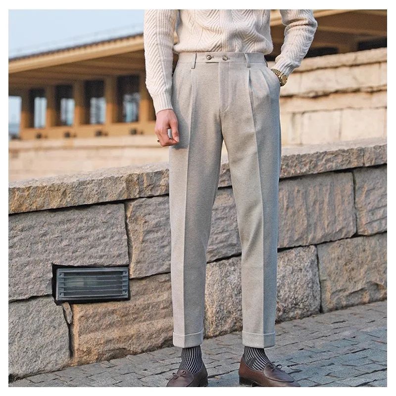Men's Neapolitan High Waist Autumn Winter Woolen Trousers Straight Leg Drapey No Iron Business Pants Casual Scene